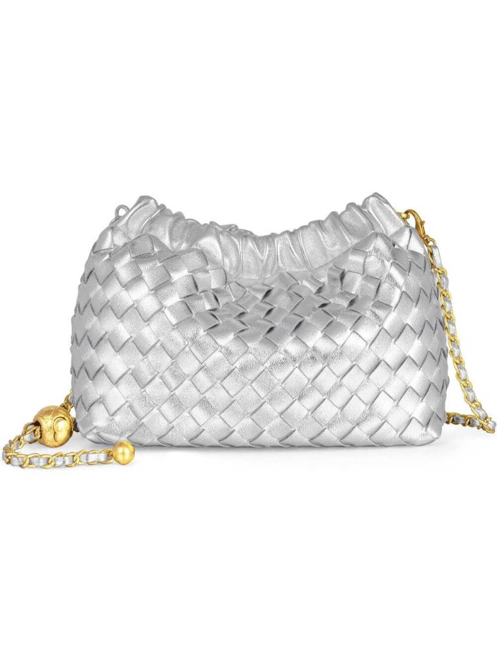 Women Silver Gold Woven Dumpling Clutch Purse Trendy Shoulder Crossbody Bag